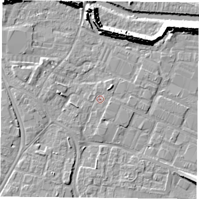Shaded relief map of the ground around PO35HZ, computed from Environment Agency LiDAR. The ground here sits at about 3 m above sea level and falls 11 m across the surrounding 800 m. Surface water reaching this point runs off ground lying to the north-east, 2.4 m higher.