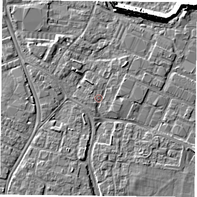 Shaded relief map of the ground around PO35JA, computed from Environment Agency LiDAR. The ground here sits at about 3 m above sea level and falls 10 m across the surrounding 800 m. Surface water reaching this point runs off ground lying to the north-east, 2.9 m higher.