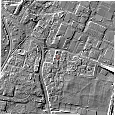 Shaded relief map of the ground around PO35JB, computed from Environment Agency LiDAR. The ground here sits at about 3 m above sea level and falls 9 m across the surrounding 800 m. Surface water reaching this point runs off ground lying to the south-west, 1.4 m higher.