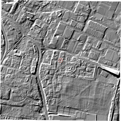 Shaded relief map of the ground around PO35JD, computed from Environment Agency LiDAR. The ground here sits at about 3 m above sea level and falls 10 m across the surrounding 800 m. Surface water reaching this point runs off ground lying to the south-east, 1.4 m higher.