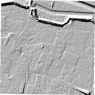 Shaded relief map of the ground around PO35JE, computed from Environment Agency LiDAR. The ground here sits at about 3 m above sea level and falls 12 m across the surrounding 800 m. Surface water reaching this point runs off ground lying to the west, 2.2 m higher.