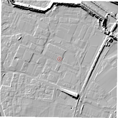 Shaded relief map of the ground around PO35JF, computed from Environment Agency LiDAR. The ground here sits at about 3 m above sea level and falls 13 m across the surrounding 800 m. Surface water reaching this point runs off ground lying to the south-south-east, 7.6 m higher.