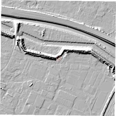 Shaded relief map of the ground around PO35JH, computed from Environment Agency LiDAR. The ground here sits at about 4 m above sea level and falls 13 m across the surrounding 800 m. Surface water reaching this point runs off ground lying to the north-east, 9.3 m higher.