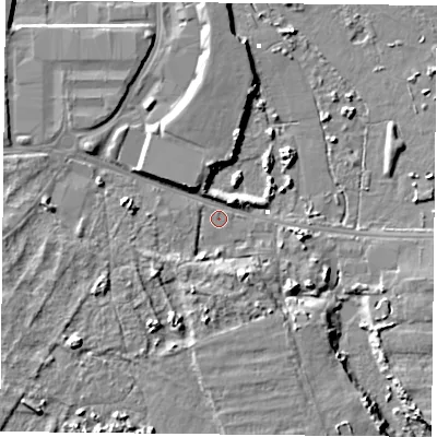 Shaded relief map of the ground around PO35JJ, computed from Environment Agency LiDAR. The ground here sits at about 0 m above sea level and falls 7 m across the surrounding 800 m. Surface water reaching this point runs off ground lying to the south-west, 5.1 m higher.