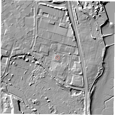 Shaded relief map of the ground around PO35JN, computed from Environment Agency LiDAR. The ground here sits at about 2 m above sea level and falls 10 m across the surrounding 800 m. The ground contributing surface water to this point lies to the south.