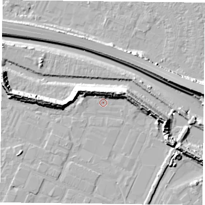 Shaded relief map of the ground around PO35JP, computed from Environment Agency LiDAR. The ground here sits at about 2 m above sea level and falls 13 m across the surrounding 800 m. Surface water reaching this point runs off ground lying to the north-west, 8.7 m higher.