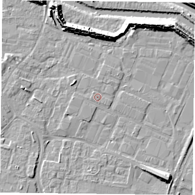 Shaded relief map of the ground around PO35JS, computed from Environment Agency LiDAR. The ground here sits at about 3 m above sea level and falls 12 m across the surrounding 800 m. Surface water reaching this point runs off ground lying to the west, 0.5 m higher.