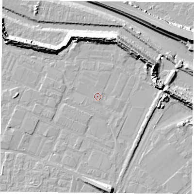 Shaded relief map of the ground around PO35JT, computed from Environment Agency LiDAR. The ground here sits at about 2 m above sea level and falls 13 m across the surrounding 800 m. Surface water reaching this point runs off ground lying to the east, 10.3 m higher.