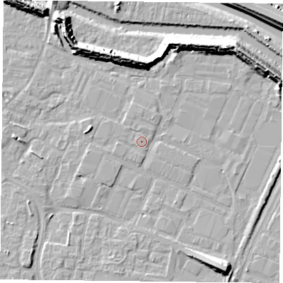 Shaded relief map of the ground around PO35JW, computed from Environment Agency LiDAR. The ground here sits at about 3 m above sea level and falls 13 m across the surrounding 800 m. Surface water reaching this point runs off ground lying to the west, 0.9 m higher.