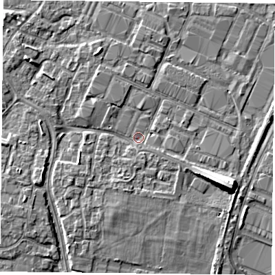 Shaded relief map of the ground around PO35JY, computed from Environment Agency LiDAR. The ground here sits at about 3 m above sea level and falls 10 m across the surrounding 800 m. Surface water reaching this point runs off ground lying to the north-north-west, 3.0 m higher.