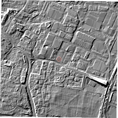 Shaded relief map of the ground around PO35JZ, computed from Environment Agency LiDAR. The ground here sits at about 3 m above sea level and falls 10 m across the surrounding 800 m. Surface water reaching this point runs off ground lying to the north-north-west, 3.0 m higher.