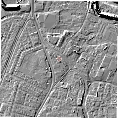 Shaded relief map of the ground around PO35LA, computed from Environment Agency LiDAR. The ground here sits at about 4 m above sea level and falls 11 m across the surrounding 800 m. Surface water reaching this point runs off ground lying to the south-south-east, 0.8 m higher.