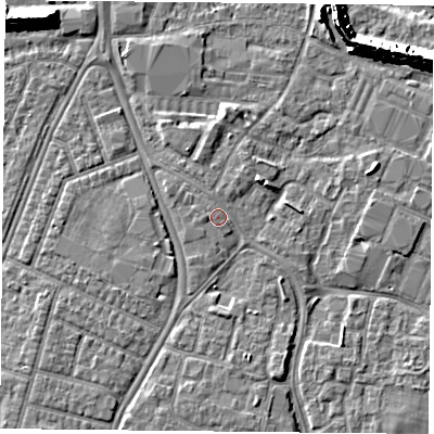 Shaded relief map of the ground around PO35LB, computed from Environment Agency LiDAR. The ground here sits at about 4 m above sea level and falls 11 m across the surrounding 800 m. Surface water reaching this point runs off ground lying to the west, 0.7 m higher.