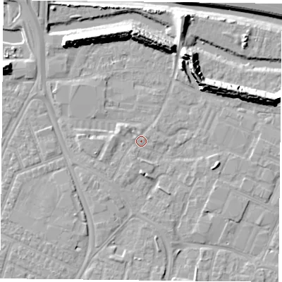 Shaded relief map of the ground around PO35LD, computed from Environment Agency LiDAR. The ground here sits at about 3 m above sea level and falls 12 m across the surrounding 800 m. Surface water reaching this point runs off ground lying to the west, 1.5 m higher.