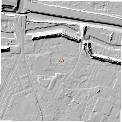 Shaded relief map of the ground around PO35LE, computed from Environment Agency LiDAR. The ground here sits at about 3 m above sea level and falls 13 m across the surrounding 800 m. Surface water reaching this point runs off ground lying to the south-south-west, 2.0 m higher.