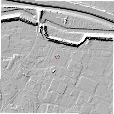 Shaded relief map of the ground around PO35LF, computed from Environment Agency LiDAR. The ground here sits at about 3 m above sea level and falls 13 m across the surrounding 800 m. The ground contributing surface water to this point lies to the north-north-east.