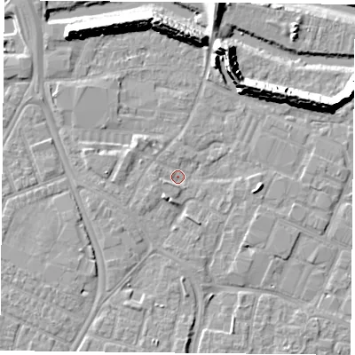 Shaded relief map of the ground around PO35LG, computed from Environment Agency LiDAR. The ground here sits at about 2 m above sea level and falls 12 m across the surrounding 800 m. Surface water reaching this point runs off ground lying to the south-south-west, 2.7 m higher.