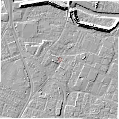 Shaded relief map of the ground around PO35LN, computed from Environment Agency LiDAR. The ground here sits at about 2 m above sea level and falls 11 m across the surrounding 800 m. Surface water reaching this point runs off ground lying to the west-south-west, 2.7 m higher.