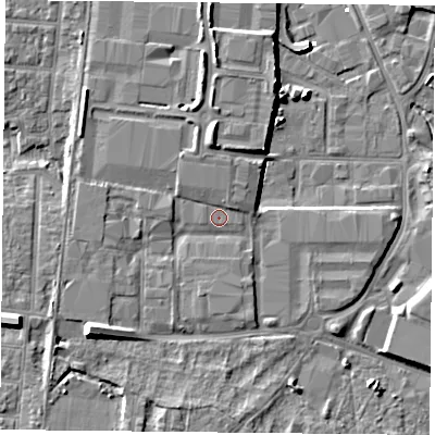 Shaded relief map of the ground around PO35LP, computed from Environment Agency LiDAR. The ground here sits at about 4 m above sea level and falls 10 m across the surrounding 800 m. Surface water reaching this point runs off ground lying to the north, 1.6 m higher.