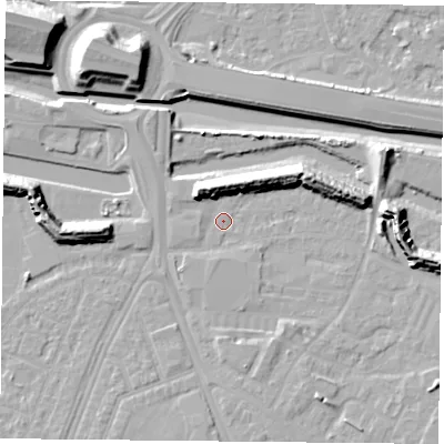 Shaded relief map of the ground around PO35LR, computed from Environment Agency LiDAR. The ground here sits at about 2 m above sea level and falls 15 m across the surrounding 800 m. Surface water reaching this point runs off ground lying to the south, 2.8 m higher.