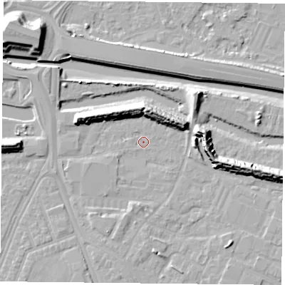 Shaded relief map of the ground around PO35LS, computed from Environment Agency LiDAR. The ground here sits at about 2 m above sea level and falls 14 m across the surrounding 800 m. Surface water reaching this point runs off ground lying to the west-south-west, 1.5 m higher.