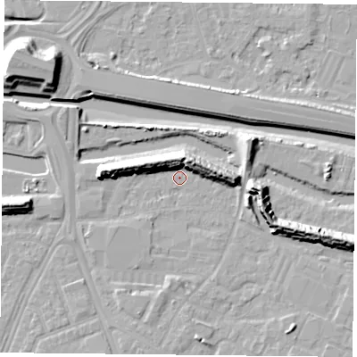 Shaded relief map of the ground around PO35LT, computed from Environment Agency LiDAR. The ground here sits at about 2 m above sea level and falls 14 m across the surrounding 800 m. Surface water reaching this point runs off ground lying to the west, 9.5 m higher.
