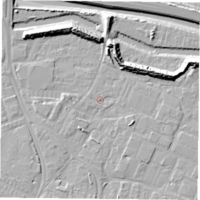 Shaded relief map of the ground around PO35LU, computed from Environment Agency LiDAR. The ground here sits at about 3 m above sea level and falls 12 m across the surrounding 800 m. Surface water reaching this point runs off ground lying to the south-west, 2.7 m higher.