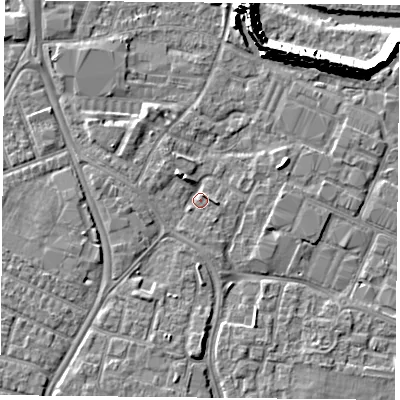 Shaded relief map of the ground around PO35LW, computed from Environment Agency LiDAR. The ground here sits at about 3 m above sea level and falls 11 m across the surrounding 800 m. Surface water reaching this point runs off ground lying to the north-east, 1.9 m higher.