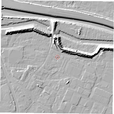 Shaded relief map of the ground around PO35LX, computed from Environment Agency LiDAR. The ground here sits at about 3 m above sea level and falls 12 m across the surrounding 800 m. Surface water reaching this point runs off ground lying to the south-south-west, 2.7 m higher.