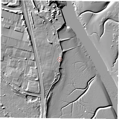 Shaded relief map of the ground around PO35LY, computed from Environment Agency LiDAR. The ground here sits at about 4 m above sea level and falls 12 m across the surrounding 800 m. Surface water reaching this point runs off ground lying to the east-north-east, 0.8 m higher.