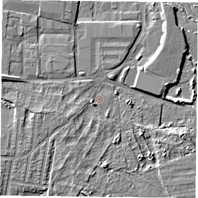 Shaded relief map of the ground around PO35LZ, computed from Environment Agency LiDAR. The ground here sits at about 3 m above sea level and falls 9 m across the surrounding 800 m. Surface water reaching this point runs off ground lying to the south-west, 1.9 m higher.
