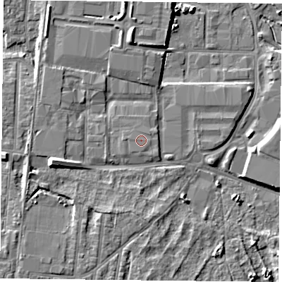 Shaded relief map of the ground around PO35NA, computed from Environment Agency LiDAR. The ground here sits at about 4 m above sea level and falls 10 m across the surrounding 800 m. The ground contributing surface water to this point lies to the north-east.
