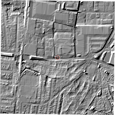Shaded relief map of the ground around PO35NB, computed from Environment Agency LiDAR. The ground here sits at about 3 m above sea level and falls 9 m across the surrounding 800 m. Surface water reaching this point runs off ground lying to the west, 6.8 m higher.