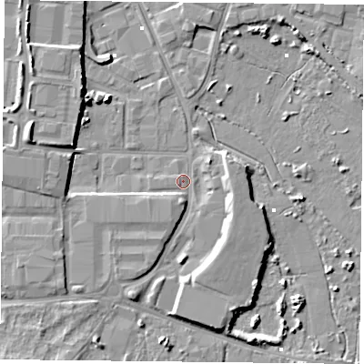 Shaded relief map of the ground around PO35ND, computed from Environment Agency LiDAR. The ground here sits at about 1 m above sea level and falls 9 m across the surrounding 800 m. Surface water reaching this point runs off ground lying to the south, 3.5 m higher.