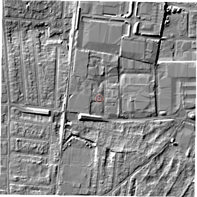 Shaded relief map of the ground around PO35NH, computed from Environment Agency LiDAR. The ground here sits at about 4 m above sea level and falls 9 m across the surrounding 800 m. Surface water reaching this point runs off ground lying to the south-west, 4.8 m higher.