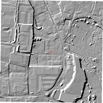 Shaded relief map of the ground around PO35NL, computed from Environment Agency LiDAR. The ground here sits at about 1 m above sea level and falls 9 m across the surrounding 800 m. Surface water reaching this point runs off ground lying to the west, 5.1 m higher.