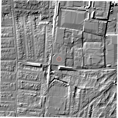 Shaded relief map of the ground around PO35NN, computed from Environment Agency LiDAR. The ground here sits at about 5 m above sea level and falls 12 m across the surrounding 800 m. The ground contributing surface water to this point lies to the north-west.