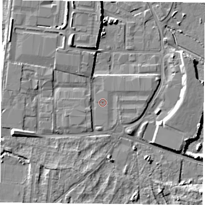 Shaded relief map of the ground around PO35NP, computed from Environment Agency LiDAR. The ground here sits at about 3 m above sea level and falls 10 m across the surrounding 800 m. The ground contributing surface water to this point lies to the west.