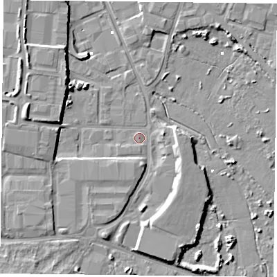 Shaded relief map of the ground around PO35NR, computed from Environment Agency LiDAR. The ground here sits at about 1 m above sea level and falls 9 m across the surrounding 800 m. Surface water reaching this point runs off ground lying to the north-west, 7.0 m higher.