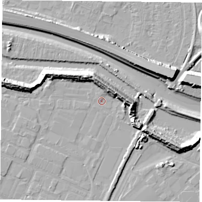 Shaded relief map of the ground around PO35NS, computed from Environment Agency LiDAR. The ground here sits at about 2 m above sea level and falls 13 m across the surrounding 800 m. Surface water reaching this point runs off ground lying to the south-east, 10.3 m higher.