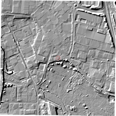 Shaded relief map of the ground around PO35NU, computed from Environment Agency LiDAR. The ground here sits at about 2 m above sea level and falls 7 m across the surrounding 800 m. Surface water reaching this point runs off ground lying to the north-north-east, 1.8 m higher.