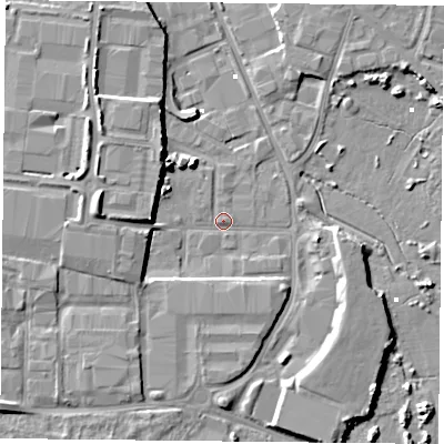 Shaded relief map of the ground around PO35NX, computed from Environment Agency LiDAR. The ground here sits at about 1 m above sea level and falls 9 m across the surrounding 800 m. Surface water reaching this point runs off ground lying to the north-west, 6.9 m higher.