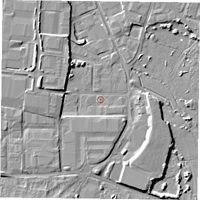 Shaded relief map of the ground around PO35NY, computed from Environment Agency LiDAR. The ground here sits at about 1 m above sea level and falls 9 m across the surrounding 800 m. Surface water reaching this point runs off ground lying to the north-west, 6.9 m higher.