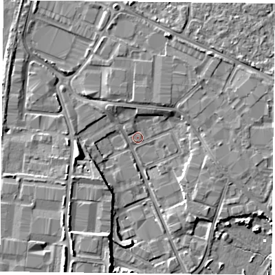 Shaded relief map of the ground around PO35PA, computed from Environment Agency LiDAR. The ground here sits at about 1 m above sea level and falls 8 m across the surrounding 800 m. Surface water reaching this point runs off ground lying to the north-east, 3.2 m higher.