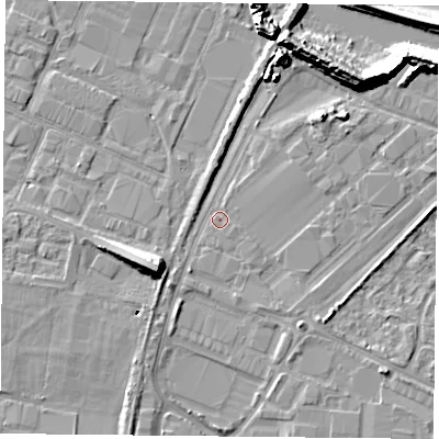 Shaded relief map of the ground around PO35PB, computed from Environment Agency LiDAR. The ground here sits at about 3 m above sea level and falls 13 m across the surrounding 800 m. Surface water reaching this point runs off ground lying to the south-south-west, 0.9 m higher.