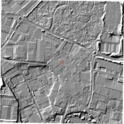 Shaded relief map of the ground around PO35PE, computed from Environment Agency LiDAR. The ground here sits at about 3 m above sea level and falls 6 m across the surrounding 800 m. Surface water reaching this point runs off ground lying to the north-north-west, 0.7 m higher.
