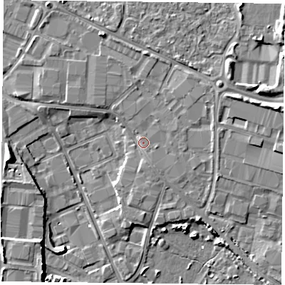 Shaded relief map of the ground around PO35PF, computed from Environment Agency LiDAR. The ground here sits at about 3 m above sea level and falls 8 m across the surrounding 800 m. Surface water reaching this point runs off ground lying to the north, 1.5 m higher.