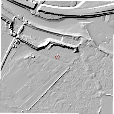 Shaded relief map of the ground around PO35PJ, computed from Environment Agency LiDAR. The ground here sits at about 2 m above sea level and falls 13 m across the surrounding 800 m. Surface water reaching this point runs off ground lying to the north-east, 9.6 m higher.