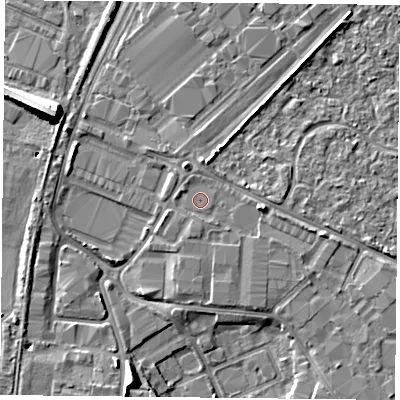 Shaded relief map of the ground around PO35PL, computed from Environment Agency LiDAR. The ground here sits at about 3 m above sea level and falls 10 m across the surrounding 800 m. Surface water reaching this point runs off ground lying to the east, 1.6 m higher.