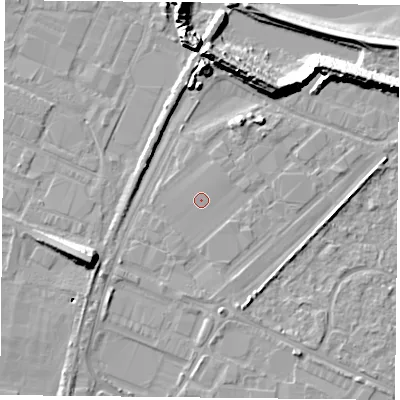 Shaded relief map of the ground around PO35PQ, computed from Environment Agency LiDAR. The ground here sits at about 3 m above sea level and falls 13 m across the surrounding 800 m. The ground contributing surface water to this point lies to the north-east.
